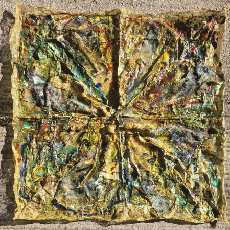 "Sideris", tecnica polimaterica su supporto in ottone, cm 95 × 95.